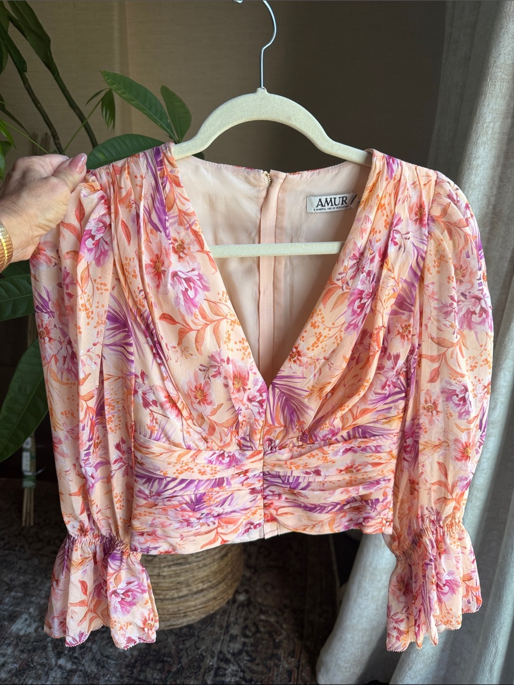 AMUR Gitana Floral V-Neck Peplum Blouse with Pink Accents